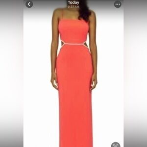 NWT $258 Xscape Maxi Dress in Vibrant Orange Rhinestone waist and cutouts Sz 12